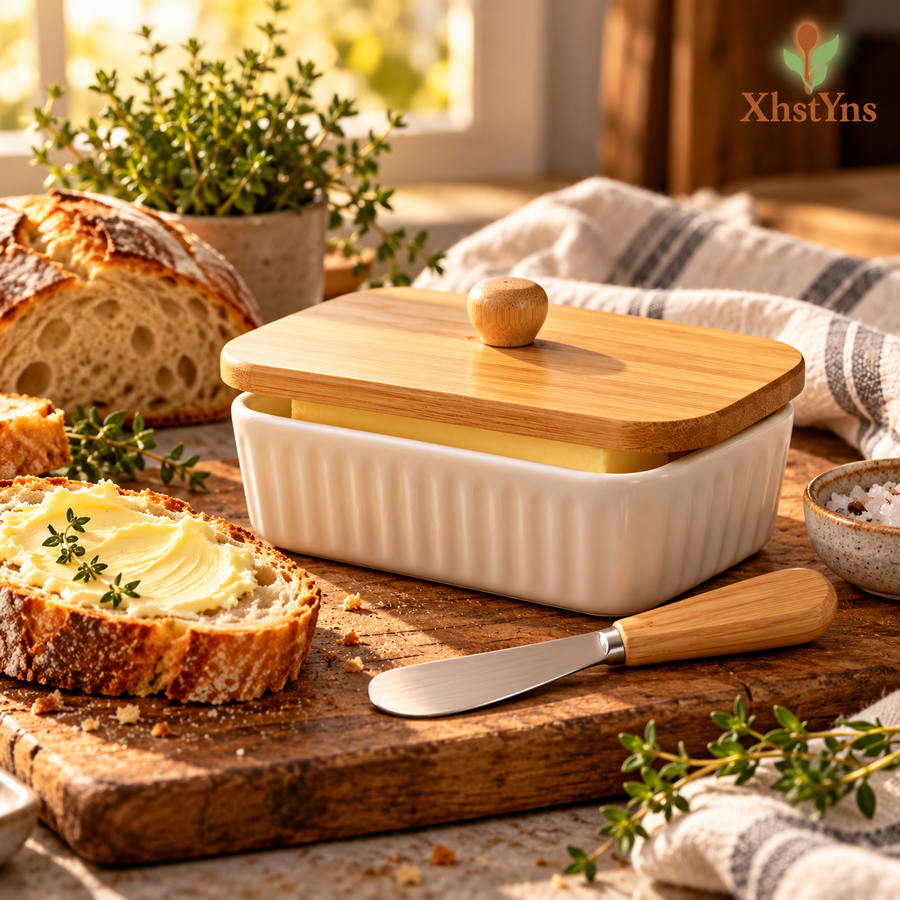 Ceramic Utensil Holder Set with Wooden Kitchen Tools