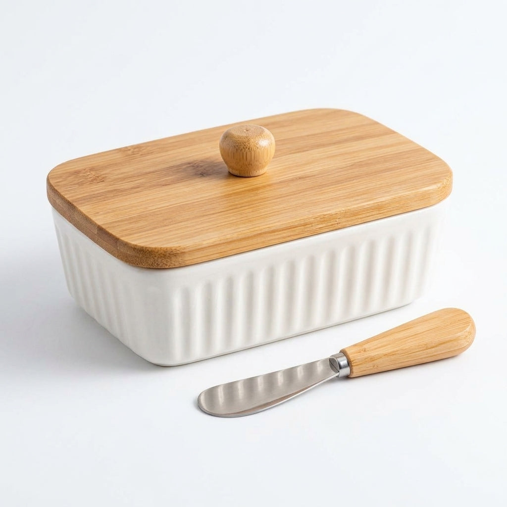 Ceramic Utensil Holder Set with Wooden Kitchen Tools