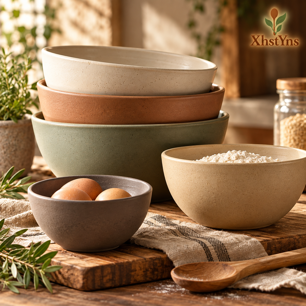Earth-Tone Stoneware Mixing Bowl Set