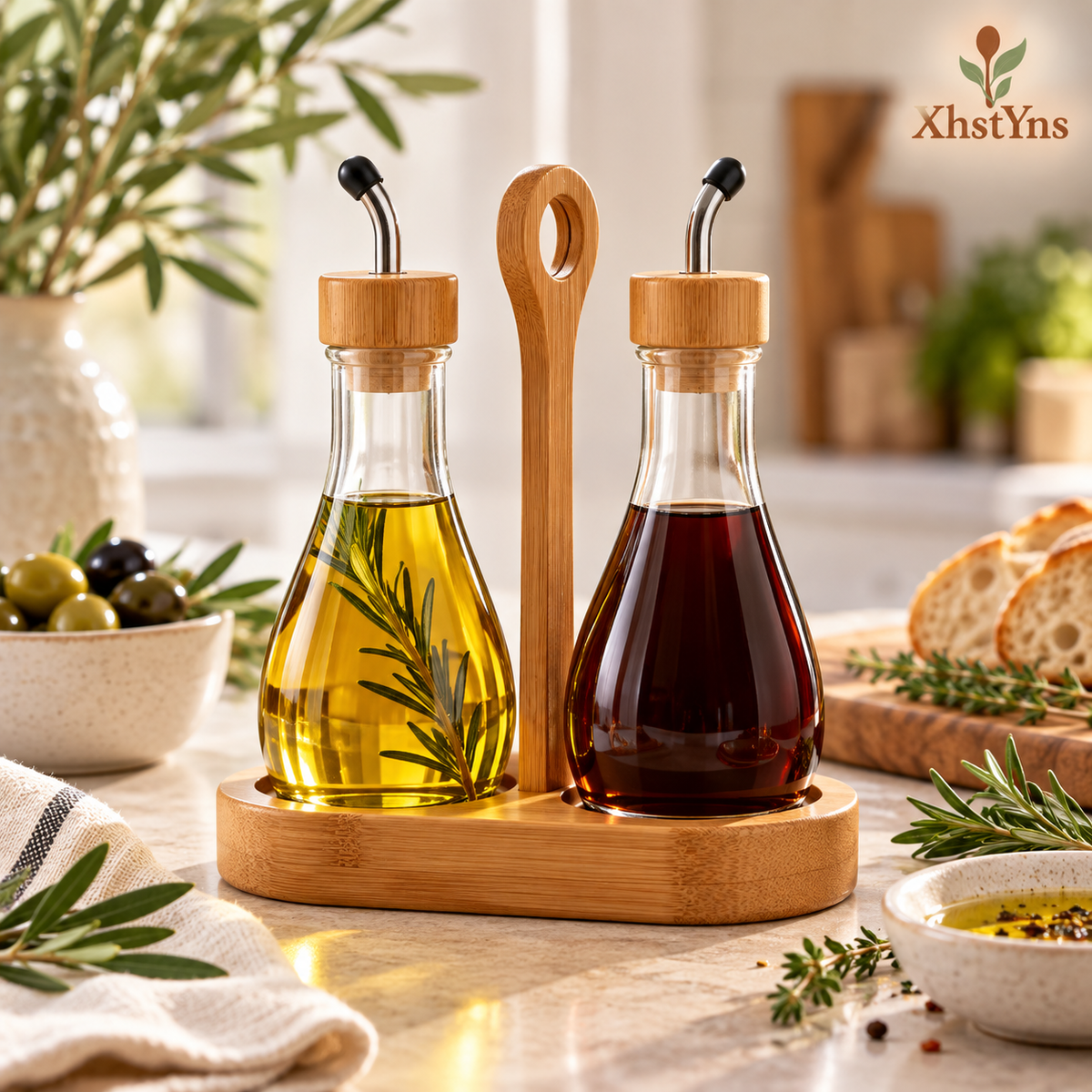Glass Oil & Vinegar Dispenser Set with Bamboo Stand