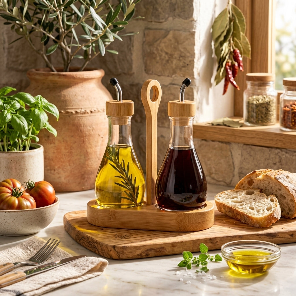 Glass Oil & Vinegar Dispenser Set with Bamboo Stand
