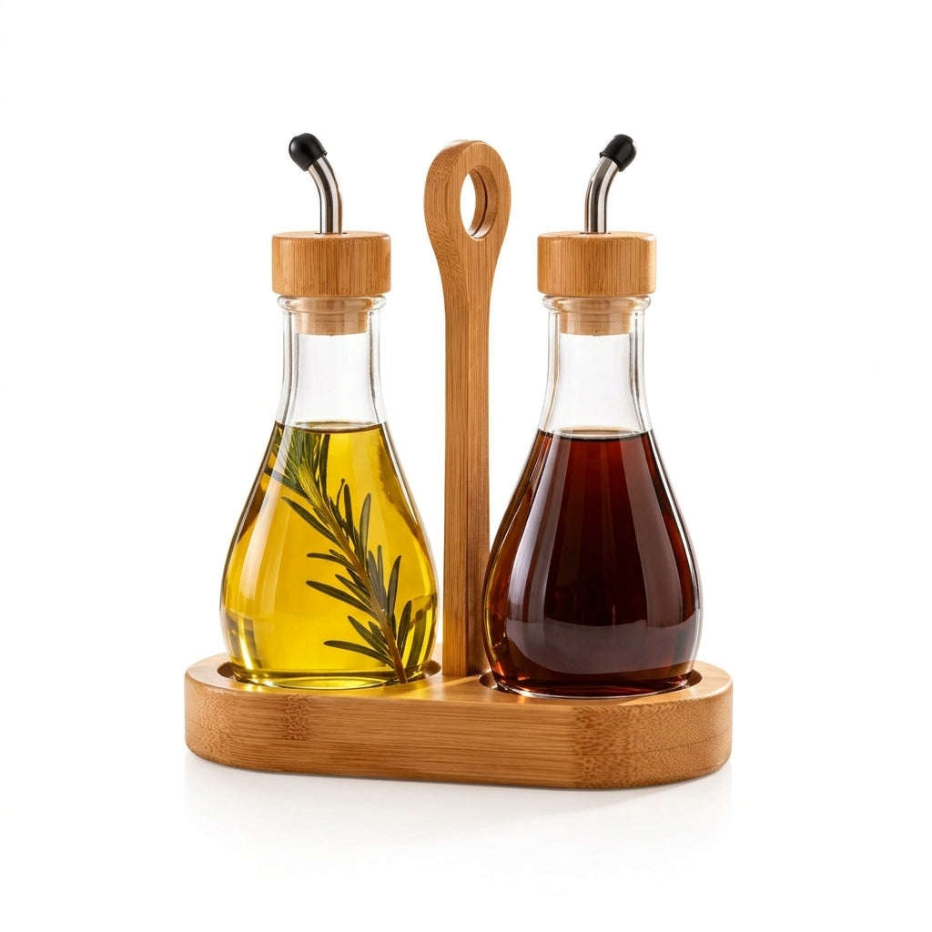 Glass Oil & Vinegar Dispenser Set with Bamboo Stand